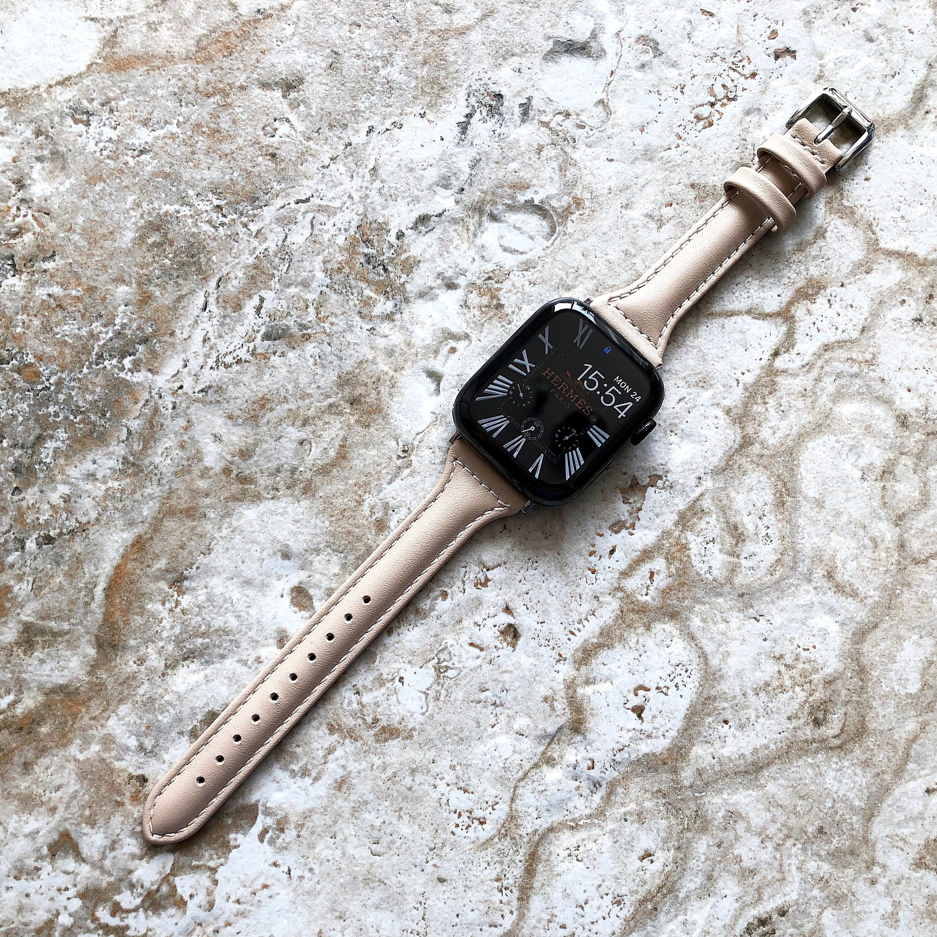 Apple Watch Beige Color Band for iWatch All Series 38mm 40mm 41mm 42mm 44mm 45mm 49mm Case Slim Elegant Soft Leather Strap Bracelet